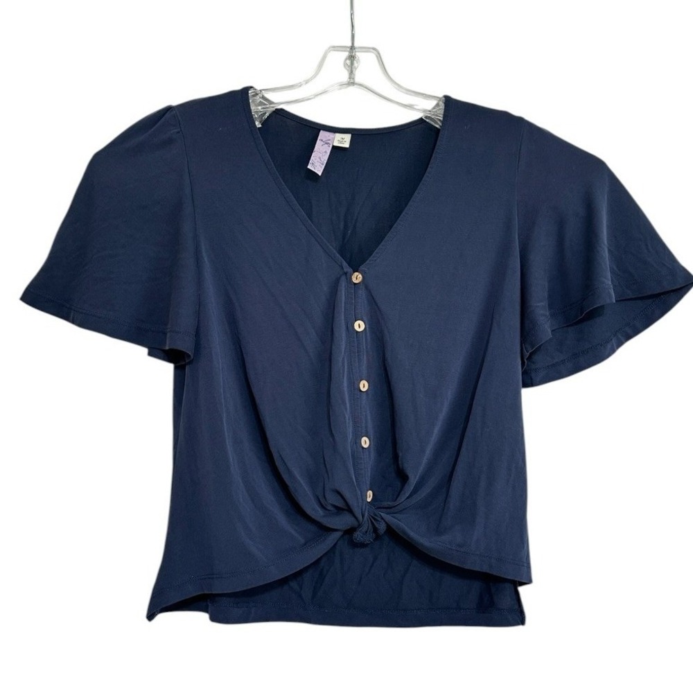 Alya Button Front Top Women Navy Blue Flutter Sleeve Knot Hem Casual Soft Chic M
